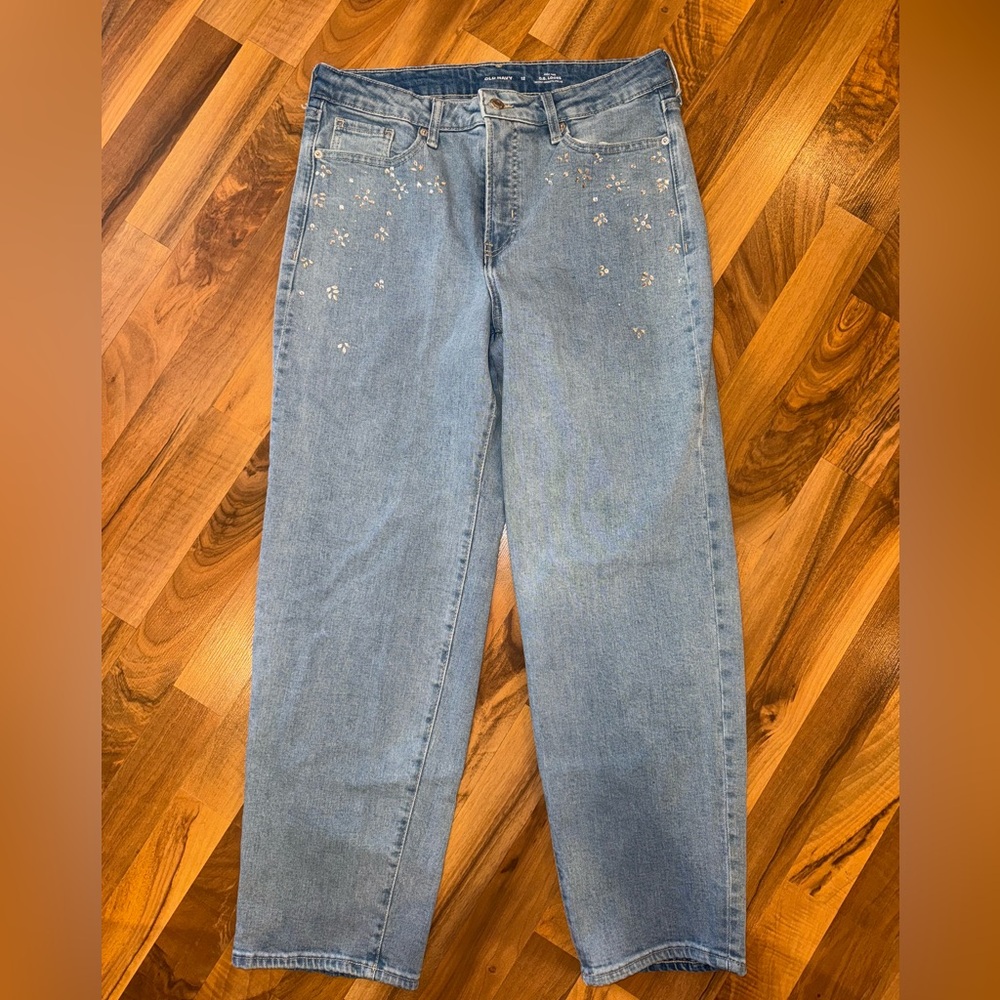 Old navy high rise og loose fit straight leg rhinestone denim size 12